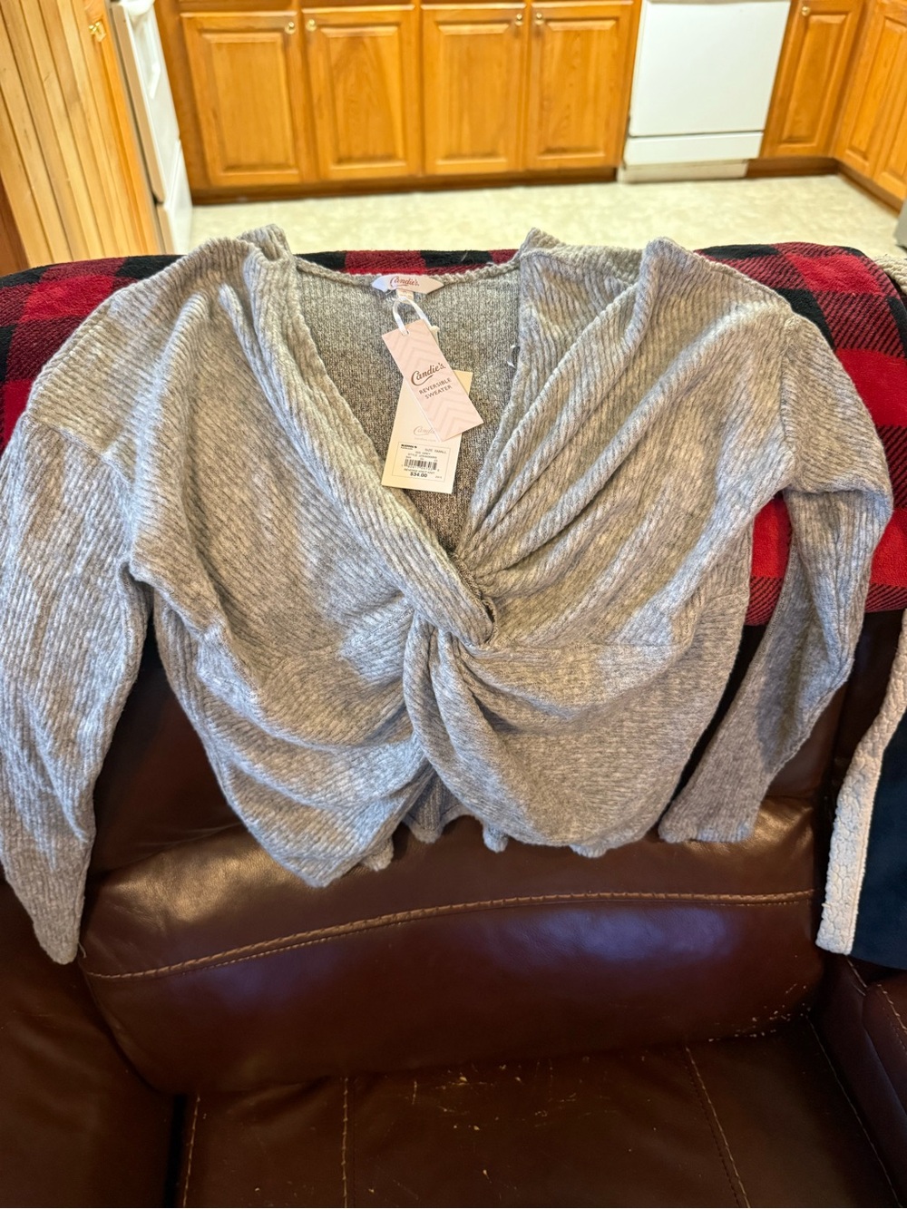 Candie’s Light Gray Twist-Front V-Neck Sweater